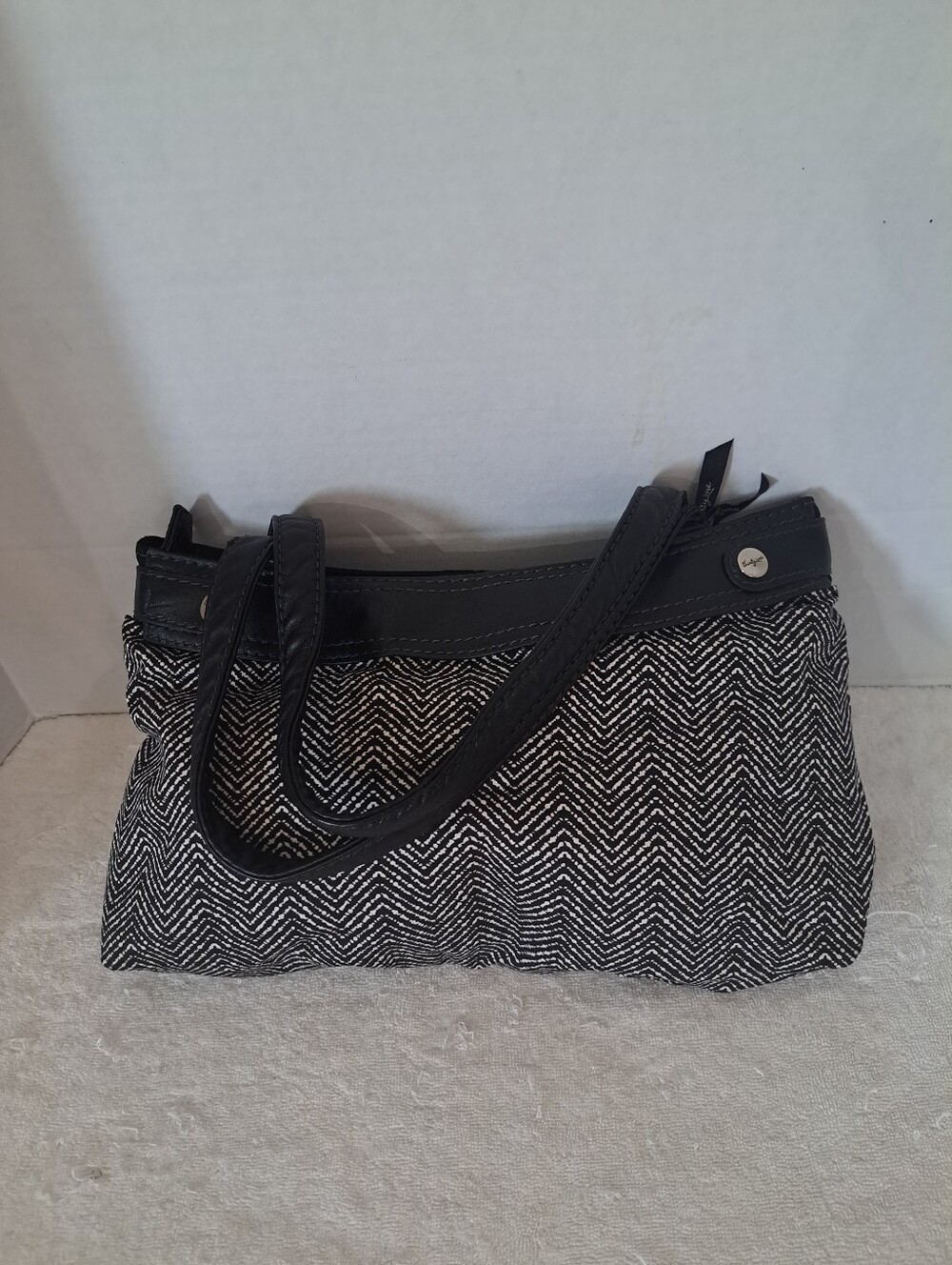 Stylish Black & White Herringbone Shoulder Bag With Vegan Leather Trim